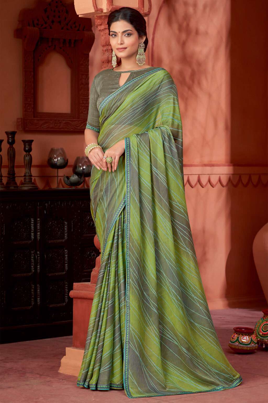 Pista Green and Grey Mixed Crepe Saree