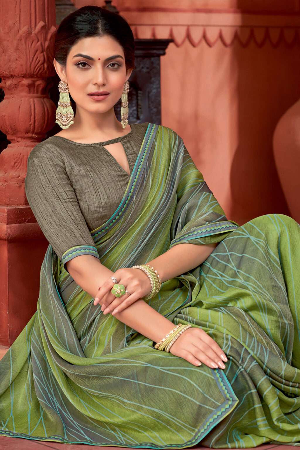 Pista Green and Grey Mixed Crepe Saree - Image 2