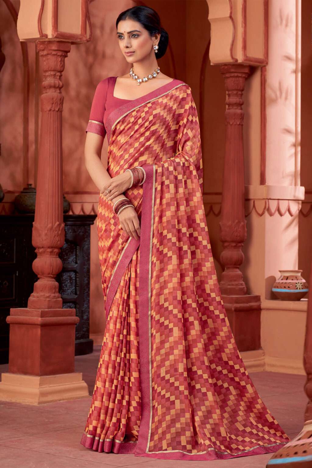 Red And Maroon Checks Crepe Casual Saree