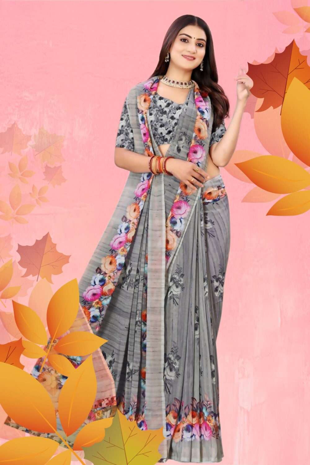 Floral Printed Casual Saree - Image 3