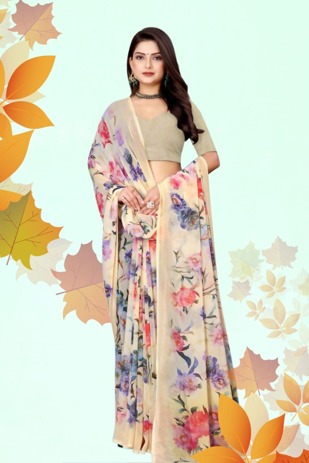 Floral Printed Light Colours Casual Saree - Image 3