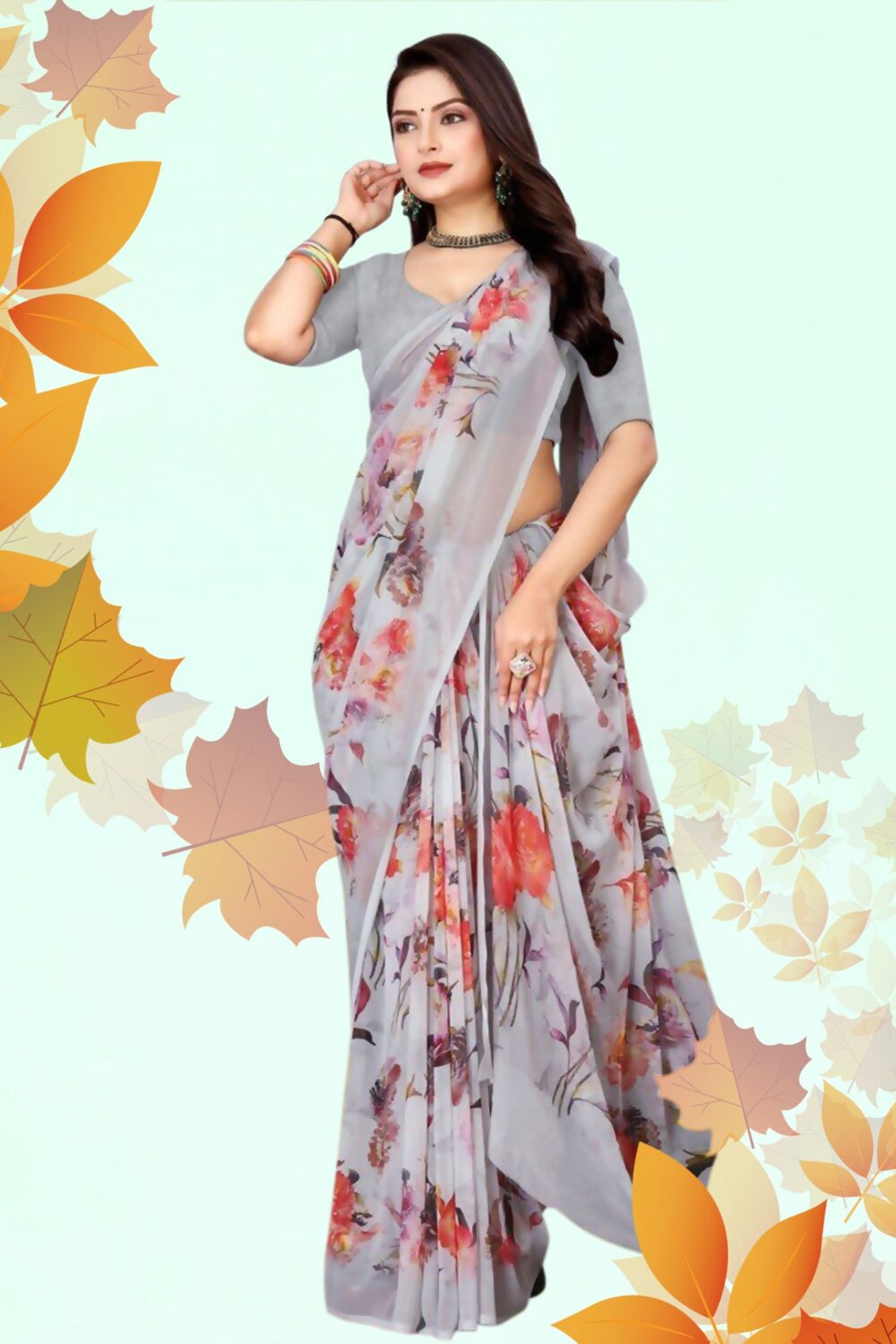 Floral Printed Light Colours Casual Saree - Image 4